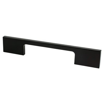 A modern, rectangular black cabinet or drawer handle with clean, straight edges.