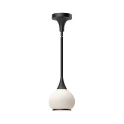 Modern black pendant light with a rounded white glass shade, hanging from a black ceiling mount.
